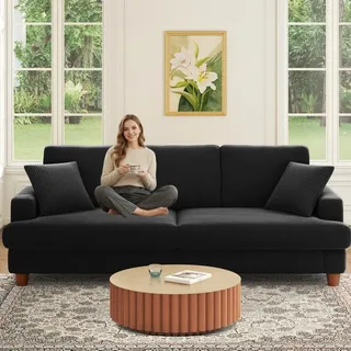 Kidirect Cord Sofa 3 Sitzer, 221CM Bequemes Couch 53CM Extra Tiefe Sitze, Sofa Wohnzimmer Werkzeugfreie Montage, Big Sofa Couch mit 2 Kissen, Modernes Couch fürs Büro, Schlafzimmer Sofas Schwarz