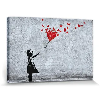 1art1 Mädchen Poster Mädchen Mit Luftballon Und Schmetterlingen, Banksy-Style Bilder Leinwand-Bild Auf Keilrahmen | XXL-Wandbild Poster Kunstdruck Als Leinwandbild 30x20 cm