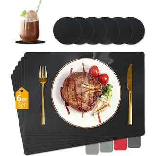 LuxusKollektion Platzset Tischset Abwaschbar Leder Rutschfest Untersetzer Schwarz 6 schwarz