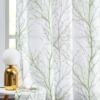 FMFUNCTEX Grün Grau Voile Vorhänge Transparente Leinen Gardinen mit Ösen für Wohnzimmer Zweige Muster Halbtransparente Modern Ösenschal Dekoschal für Schlafzimmer 2er Set, 245 x 127 cm (H x B)