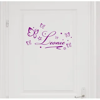 Wandtattoo mit Namen ~ Schmetterlingen und 20 Sternen ~ Türaufkleber, Kinderzimmer für Mädchen, 73020-58cm-violett, fürs Jungenzimmer, Mädchenzimmer Namensaufkleber Wandaufkleber Wandtatoos Sticker Aufkleber für die Wand, Tapetensticker, Tattoo aus Markenfolie mit Wunschname, in 32 Farben wählbar
