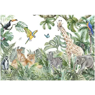 WallArena - Vlies Fototapete Kinderzimmer 416x254 cm Dschungel Tiere Wald Natur Babyzimmer - Fototapeten Tapeten für Kinder Kindertapete Kinderzimmertapete - Vliestapete Wandtapete Tapete 3D Effekt
