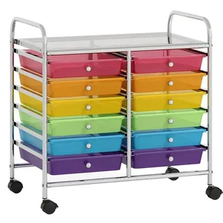COSTWAY Rollwagen mit 12 stapelbaren Schubladen, Rollcontainer mit Metallrahmen und Ablage, 64 x 38 x 62 cm (transparent, mehrfarbig)