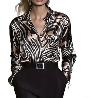 Damen Langarm Bluse für zebra Muster Satin für optik Lapel Damen(Brown S) | Satin- für optik, für zebra-Muster, Langarm, Lapel-Kragen, weich und dehnbar, für Frühjahr und Herbst
