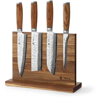 Wakoli Damastmesser Set mit Magnetblock aus Akazienholz, 4 Messer mit Kochmesser, Santoku, Nakiri und Ausbeinmesser, 15 bis 20 cm Klingen, aus 67 Lagen Damaststahl mit VG10 Kern, Zebrholzgriffe