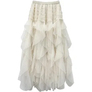 DorkasDE Damen Tüllrock Lang Plisseerock große Größen Mesh Hohe Taille Beige - Einheitsgröße
