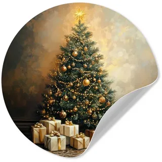 MuchoWow Wandsticker Weihnachtsbaum - Geschenke - Gold (1 St), Selbstklebende Runde Vliestapete, Wohnzimmer, 140x140 cm 140 cm x 140 cm x 0.1 cm
