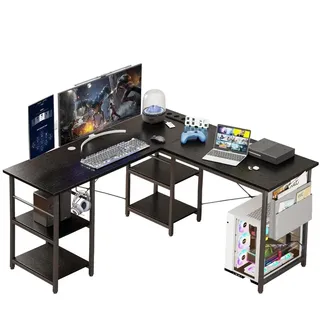 AIORBER Schreibtisch Eckschreibtisch L-förmiger Computertisch, Wendeplatte, mit Steckdose, 140x140x74 cm, Schwarz - Schwarz