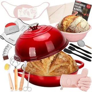 LINMAGCO Gusseisen Brotbacktopf mit Deckel & Gärkorb – Emaille Dutch Oven für Sauerteigbrot – 4,6L Brotform mit Banneton – Komplett-Set zum Backen, Schmoren & Braten – Für Induktion & Backofen(Rot)