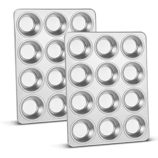 TEAMFAR Muffinform 2er Set, Edelstahl Muffinblech für 12 Muffins, 3cm tief Groß Muffinbackformen für Cupcakes Brownies Kuchen, Spülmaschinenfest