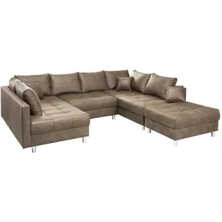 Riess Ambiente Modernes XXL Sofa Kent 303cm Taupe Federkern inkl. Hocker und Kissen Wohnlandschaft Schlafsofa Schlafcouch Couch Ecksofa mit Schlaffunktion