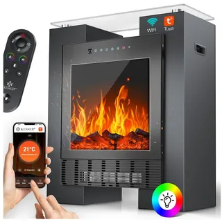 KESSER Elektrokamin LED Kamin mit Heizung & Thermostat Flammeneffekt per App Fernbedienung, Heizlüfter 15-35°C, Standkamin mit realistischem Feuer, Timer & WLAN schwarz