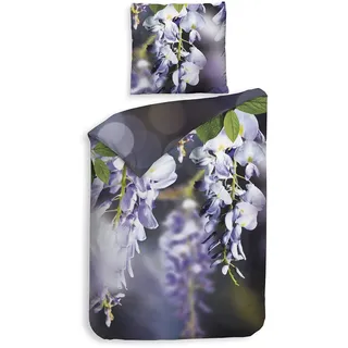Heckett Lane GOTS Satin Bettwäsche 155x220 Blauregen Lila Yuna Blumen Shabby