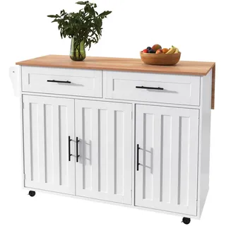REDOM Sideboard Multifunktionale Kücheninsel (Kücheninsel mit Klapptisch & Stauraum, Schubladen & Rollen, 1 St., 5 Räder, 3 Tür), mit Ausziehbare Arbeitsplatte,Massivholzbeine umschaltbar weiß