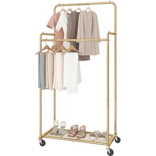 Simple Trending Kleiderständer mit Doppelstange, robuster Kleiderständer auf Rollen zum Aufhängen von Kleidung, mit 4 Haken, Gold