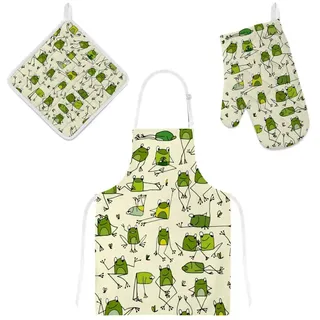 MyDaily Kochschürze, Ofenhandschuh und Topflappen-Set, Frosch, lustig, Cartoon, verstellbare Schürze mit Taschen, Ofenhandschuh und Topflappen, Küchengeschenk-Set - 70x80 cm