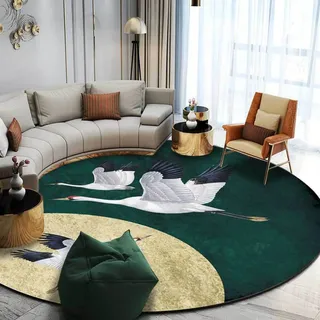 ARUGYTEI Teppich Rund,Green, ø 180 cm,Dunkel Grün, gelb, schwarz weiß Bird Muster,Kurzflor Wohnzimmerteppich, waschbarer Teppich für Wohnzimmer, Schlafzimmer, Flur,