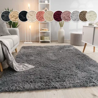 Paco Home Hochflor Teppich Wohnzimmer Fellteppich Shaggy Flauschig grau, 140x200 cm,