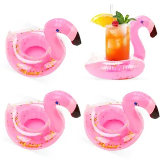 Getränkehalter Pool, Flamingo Aufblasbar, Aufblasbarer Getränkehalter für Pool Zubehör Spaß, Flamingo Pool Getränkehalter in Pink, 4er Set Glitzer Flamingo Getränkehalter