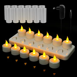 Aufladbare LED Teelichter, Wiederaufladbare Teelichters, LED Teelichter Wiederaufladbar mit Ladestation, 12er Flammenloses Teelicht für Zuhause,Zimmer,Tisch,Gebete Hochzeiten Halloween Weihnachtsdeko