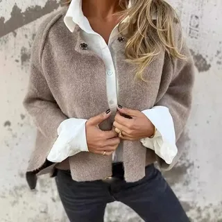 Damen Loose Fit Langarm Kurze Jacke mit Reverskragen Imitation Kaschmir Stoff Mantel für Alltag, Büro und Urlaub (M Khaki)