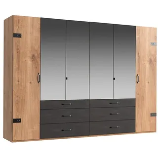 Lomadox Kleiderschrank DAVENPORT-43 300cm, 6 Türen (4 Spiegeltüren), 6 Schubladen, Eiche mit Stahl Nb. braun