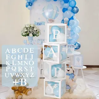 Baby Shower Box Deko für Junge oder Mädchen,babyparty dekoration ballon boxen,4Pcs Weiße Transparente Boxen Baby mit 27 Buchstaben für Babyparty Deko Junge, Gender Reveal Party