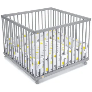 FabiMax Laufgitter 100x100cm, grau lackiert, mit Parkettrollen, 3 Schlupfsprossen, stufenlos Höhenverstellbar gelb