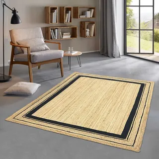 Taracarpet Jute Teppich Sisal Optik mit Bordüre Kurzflor Boho modern für Wohnzimmer Schlafzimmer nachhaltig Natur-Teppich schwarz 060x110 cm