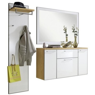 Garderobe, Weiß, Eiche, Holz, Glas, 3-teilig, furniert, 175x170x37 cm, Garderobe, Garderoben-Sets