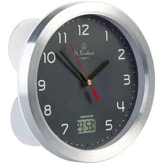 Badezimmer-Funk-Wanduhr, Thermo- und Hygrometer, Alu-Rahmen, Grau