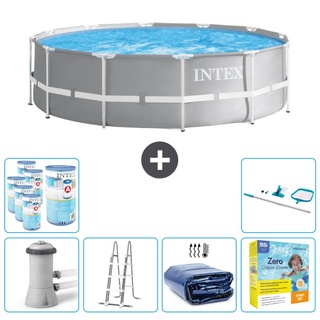 Intex Round Prism Frame Swimming Pool – 366 x 99 cm – Grau – inklusive Pumpe – Leiter Sonnensegel - Wartungspaket - Filter - Reinigungskit