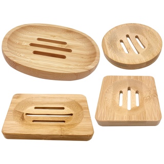 4 Stück Holz Seifenhalter Badezimmer Seifenschale Natur Bambus Seifenschale Seifenschale Tablett für Zuhause Badezimmer Shampoo Bar, quadratisch/rund/oval/rechteckig