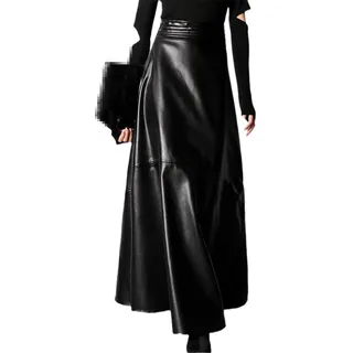 Ownwfeat Herbst hohe Taille langer PU-Lederrock Retro Damen Slim Fit Leder A-Linie Fischschwanzröcke, Schwarz , 36 - S