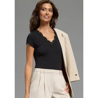 Body LAURA SCOTT, Damen, Gr. 40, N-Gr, schwarz, Single Jersey, Obermaterial: 95% Baumwolle, 5% Elasthan, unifarben, körpernah, V-Ausschnitt, abgesteppt, Bodys Body, mit Spitze, kurzarm, aus Baumwolle und Elasthan