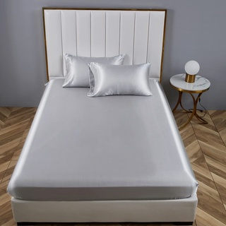 Boqingzhu Satin Spannbettlaken 100x200cm Grau Hellgrau Uni Seide Spannbetttuch Microfaser Bettlaken für bis 30cm Matraze
