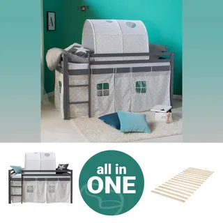 Homestyle4u Kinderhochbett 90x200 Grau mit Lattenrost 2778