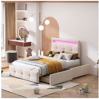 HAUSS SPLOE Bett Einzelbett Funktionsbett Bettrahmen KInderbett (mit LED-Leuchten, 2 Schubladen, hautfreundlicher Leinenpolsterung flach) beige