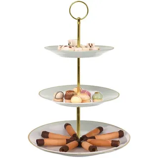 Etagere rund aus Keramik mit Goldrand & goldenem Gestell - 3 Lagen - 24x33cm