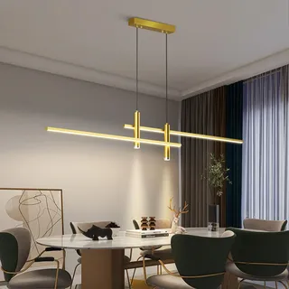 Moderne Esstisch Pendelleuchte LED Dimmbar Hängelampe Höhenverstellbar Kronleuchter mit Fernbedienung Hängeleuchte Wohnzimmer Lampe Wohnzimmer Küche Esszimmer Büro Deckenleuchte (Gold, L150cm)