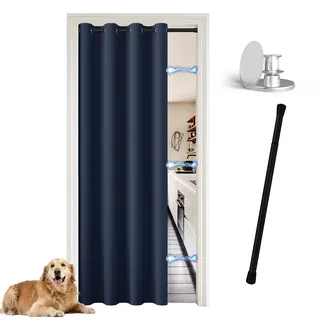 JCyh Tür Vorhang innen mit Stange und Magnetknopf, Türvorhang ohne Bohren für Küche/Schlafzimmer/Wohnzimmer/Abstellraum, Türvorhang Dunkelblau + Teleskopstange Schwarz 70-128 cm