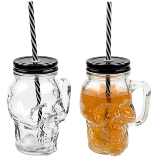 3D Totenkopf Glas Trinkglas mit Deckel und stabilem Strohhalm 450ml 2er-Set
