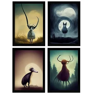 POSTER Set mit 4 Wald Tier im T Burton Goth Stil A3 Rahmenlos