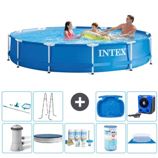 Intex Rundrahmen-Schwimmbecken – 366 x 76 cm – Blau – inklusive Pumpe Abdeckung - Wartungspaket - Filter - Bodenplane - Reinigungskit - Leiter