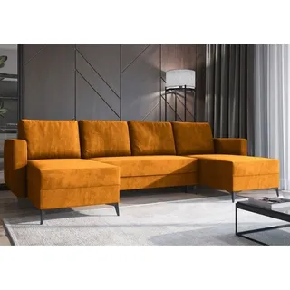 Easy4You Ecksofa Gelb JORD U-Form – 303x94x145 cm - Schlafsofa mit Bettkasten und Schlaffunktion - Eckcouch mit Stauraum, Metallfüße und Kissen... - Gelb