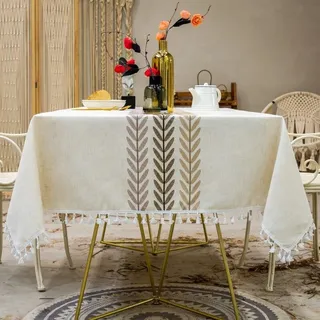 Rechteckige Tischdecke Im Landhausstil (1400 × 1800 × 5 Mm) Aus Waschbarer Und Fleckenabweisender Baumwolle Und Leinen Mit Quasten Für Küche, Esszimmer, Picknick, Garten Und Terrasse.