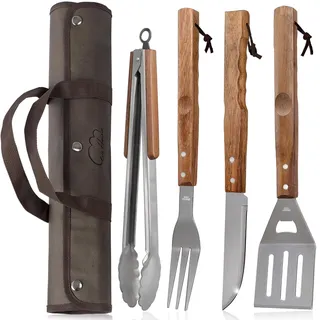 Grillbesteck Set, Heavy Duty Edelstahl, Holzgriffen, Tragetasche | Professionelle 4-teilig Grillzubehör mit Zange Grillwender, Grillgabel, Grillmesser extra-langen Holzgriffen, Männer Geschenk