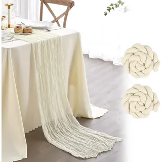 FOLAI 2 Stück Boho Tischläufer aus Käsetuch Table Runner Table Cloth – Rustikale Hochzeitstischdeko für Brautdusche, Geburtstag & Feiern (90x300cm) – Öko-Baumwolle & Wiederverwendbar (Cremefarben)
