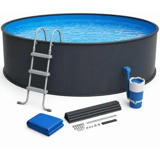poolomio Stahlwandpool Set rund Ø 450 x 90 cm anthrazit 12.500 l mit Leiter
