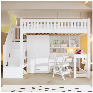Odikalo Hochbett Kinderbett 90x200 mit Schreibtisch und Großer Stauraum (Hochbett, 90x200cm, Ablageleiter, Kleiderschrank, Schreibtisch, Schubladen, Staufächer, Ohne Matratze, Weiß)